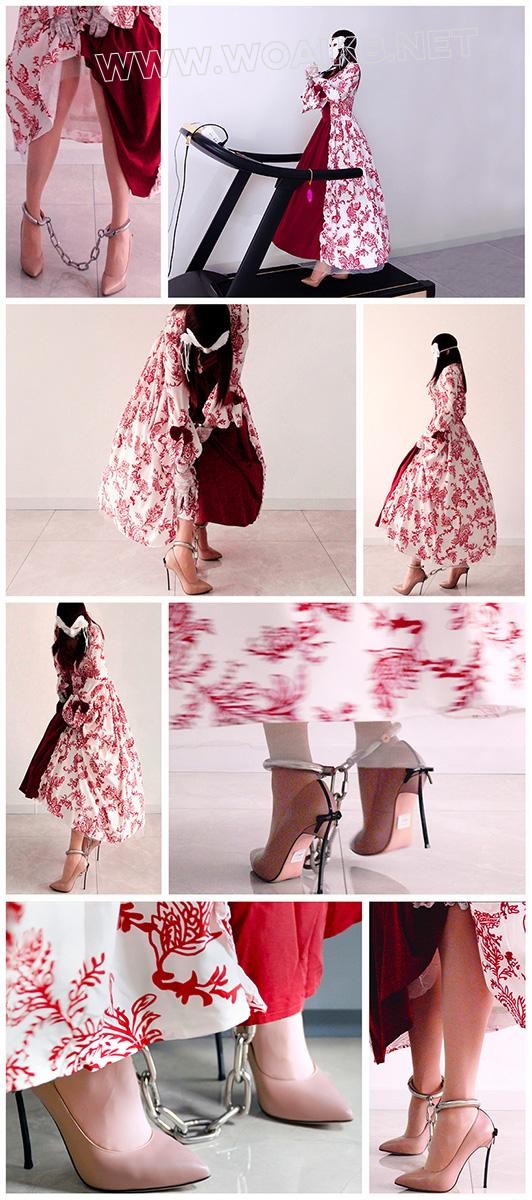 金属枷锁 盛装长裙 颈手枷脚镣禁锢的12CM超高跟+金属GS、无线TD与跑步机