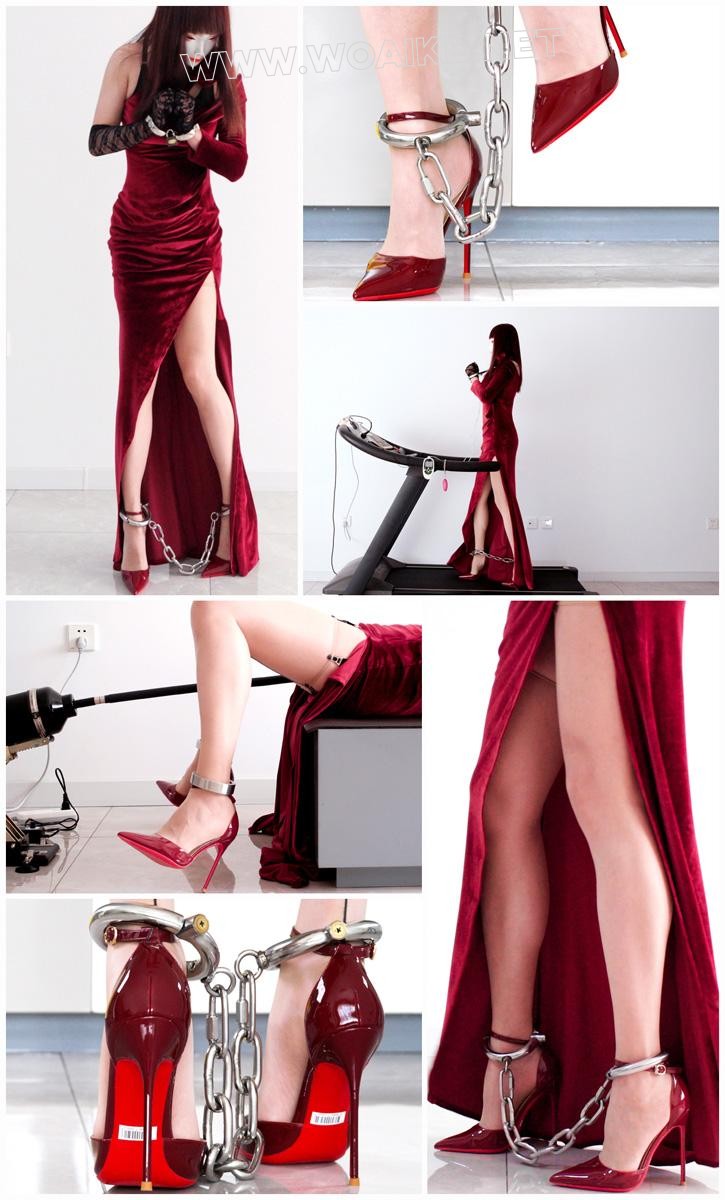 红高迎春 炮机强高 钢枷铐镣禁锢的红裙肉丝13CM红高跟+金属GS、TD、炮机与跑步机